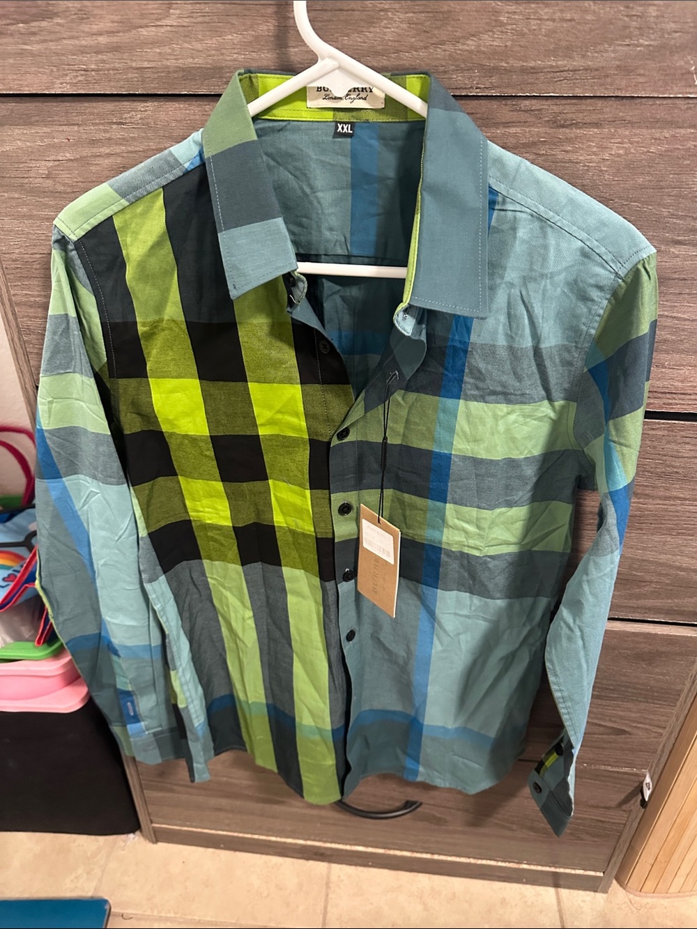 Plaid Button-Up Shirt in Teal & Lime - Unbranded size M